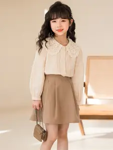 StyleCast Girls Khaki Lace Insert Pure Cotton Top with Skirt
