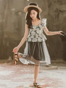 StyleCast Girls Green Floral Printed One Shoulder Pure Cotton Ruffles Top with Skirt