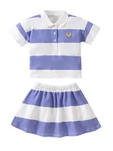 StyleCast Girls Blue Striped Polo Collar Pure Cotton Top with Skirt