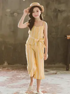 StyleCast Girls Yellow Striped Shoulder Straps Pure Cotton Top with Palazzos