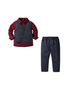 StyleCast Boys Maroon Shirt with Trousers And Striped Waistcoat