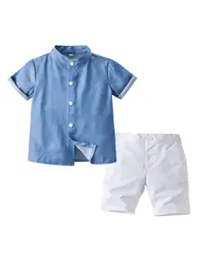 StyleCast Boys Blue & White Mandarin Collar Shirt with Shorts