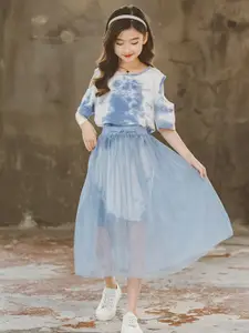 StyleCast Girls Blue Dyed Round Neck Pure Cotton Top With Skirt