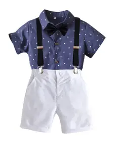 StyleCast Boys Navy Blue & White Polka Dots Printed Shirt With Shorts & Suspenders