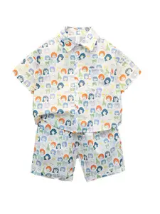 StyleCast Boys White Conversational Printed Pure Cotton Shirt With Shorts