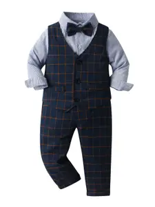 StyleCast Boys Navy Blue & Brown Checked Single-Breasted Waistcoat With Trousers & Shirt
