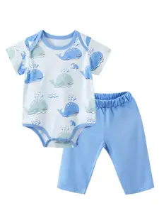 StyleCast Infants Boys Blue Printed Pure Cotton Bodysuit With Trousers