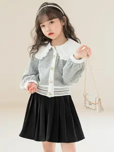 StyleCast Girls Grey Colourblocked Cotton Top with Skirt