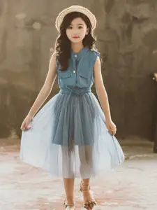 StyleCast Girls Mandarin Collar Pure Cotton Longline Top with Skirt