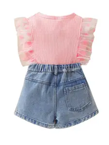 StyleCast Girls Pink Ribbed Top with Denim Shorts