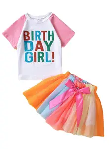 StyleCast Girls Pink Typography Printed T-shirt with Skirt