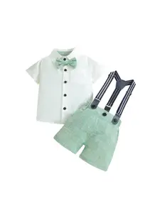 StyleCast Boys White & Sea Green Shirt & Shorts With Suspenders