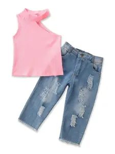 StyleCast Girls Pink & Blue One Shoulder Top with Trousers