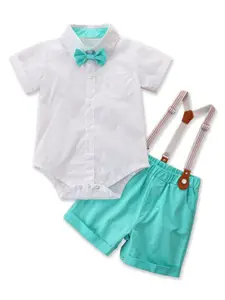 StyleCast Infant Boys White Bodysuit Style Pure Cotton Shirt And Shorts With Suspenders