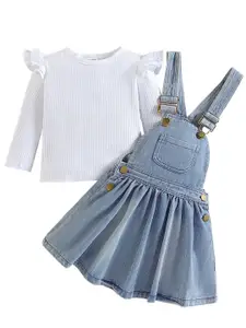 StyleCast White & Blue Cotton Striped Knee Length Pinafore Dress
