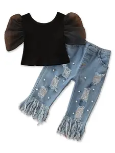 StyleCast Girls Black Ribbed Puff Sleeve Top with Distressed Trousers