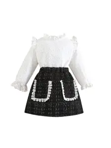 StyleCast Girls White & Black Self Design Top With Skirt