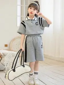 StyleCast Girls Grey Shirt Collar Pure Cotton Top with Shorts