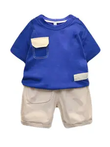 StyleCast Boys Blue Colourblocked Pure Cotton T-shirt with Shorts