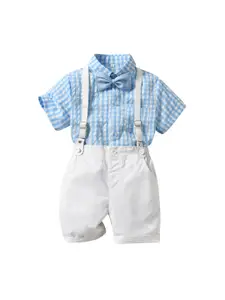 StyleCast Boys Blue Checked Shirt Collar Shirt & Shorts With Suspenders