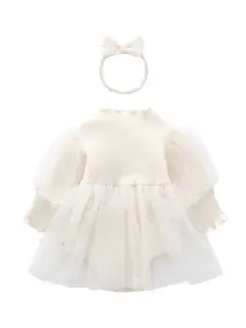 StyleCast Infants Girls White Cotton Fit & Flare Cotton Dress With Hair Band