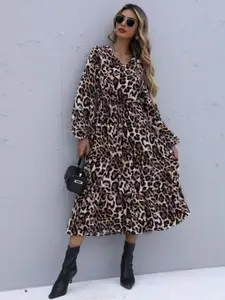 StyleCast Brown Animal Print Puff Sleeves A-Line Midi Dress