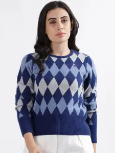 Iconic Argyle Printed Round Neck Pullover Sweater