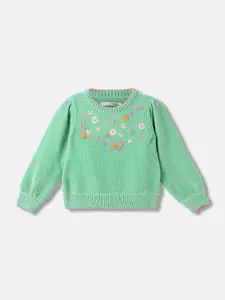 ELLE Girls Green Floral Embroidered Round Neck Pure Cotton Pullover