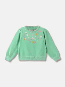ELLE Girls Green Floral Embroidered Round Neck Pure Cotton Pullover