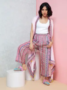 Rhe-Ana Geometric Printed Sleeveless Open Front Shrug
