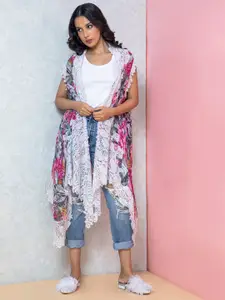 Rhe-Ana Floral Printed Sleeveless Open Front Shrug