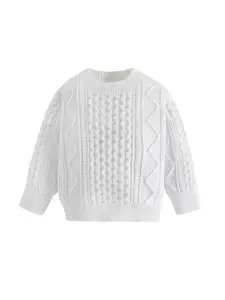 StyleCast Boys White Cable Knit Self Design Turtle Neck Ribbed Cotton Pullover