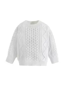 StyleCast Boys White Cable Knit Self Design Turtle Neck Ribbed Cotton Pullover