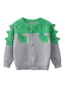 StyleCast Boys Green & Grey Colourblocked Cotton Cardigan Sweater