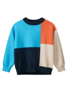 StyleCast Boys Blue & Orange Colourblocked Cotton Pullover Sweater