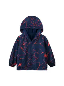 StyleCast Boys Navy Blue Abstract Printed Hooded Long Sleeves Windcheater Sporty Jacket