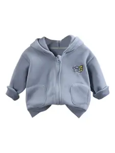 StyleCast Boys Grey Hooded Embroidered Detailed Cotton Bomber Jacket