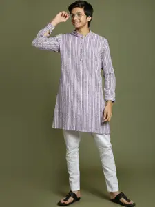 VASTRAMAY YUVA Boys Striped Band Collar Jacquard Pure Cotton Straight Kurta with Pyjamas