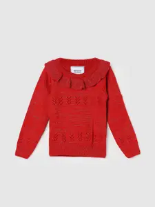 max Girls Self Design Round Neck Ruffles Pullover Sweater