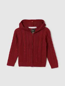 max Boys Cable Knit Self Design Hooded Acrylic Front-Open Sweaters