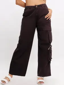 FREAKINS Women Straight Fit High-Rise Pure Cotton Cargo Jeans