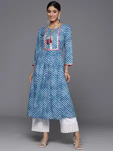 KALINI Leheriya Printed Tie-Up Neck Indigo A-Line Kurta