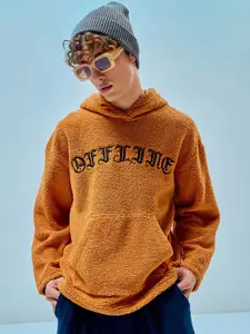 Bewakoof Orange Typography Printed Hooded Fleece Oversized Pullover Sweatshirt
