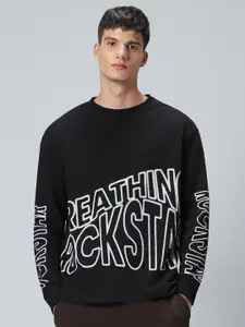 Bewakoof Black Typography Printed Round Neck Oversized Pullover Sweatshirt
