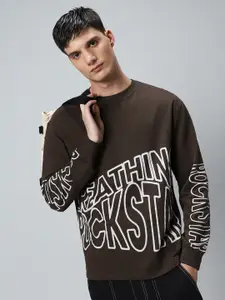 Bewakoof Brown Typography Printed Round Neck Oversized Pullover Sweatshirt