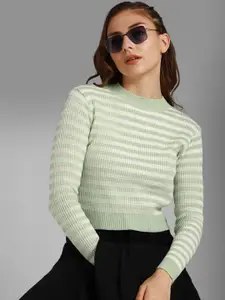 High Star Striped Round Neck Long Sleeves Acrylic Pullover Sweater