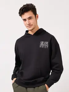 Styli Black Typography HD Printed Hooded Oversized Pure Cotton Pullover Sweatshirt