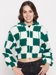 Madame Checked Hooded Pure Cotton Crop Front-Open Sweatshirt