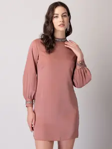 FabAlley Pink Embellished Puff Sleeve Sheath Mini Dress