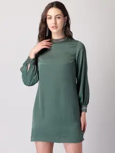FabAlley Green Embellished Puff Sleeve Sheath Mini Dress